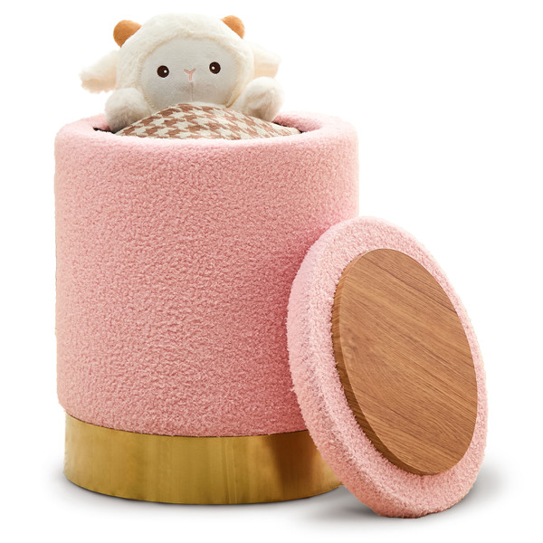 Teddy Velvet Storage Ottoman Multipurpose Footrest Stool with Metal Base Modern Round Vanity Stool Chair Ottoman Foot Stools Support 300lbs Padded Seat for Living Room & Bedroom Pink