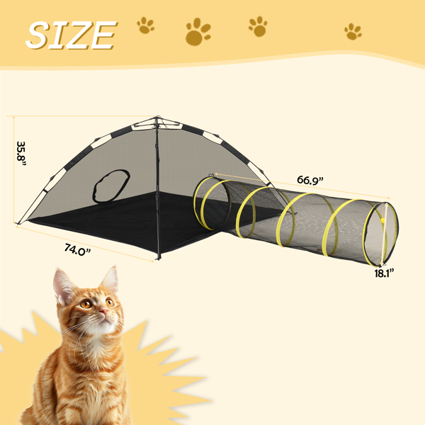 Outdoor Cat Play Tent with Tunnel, Portable Cat Playhouse for Indoor Outdoor, Cat Playpen Enclosed for Cats Rabbits and Small Animals, Yellow