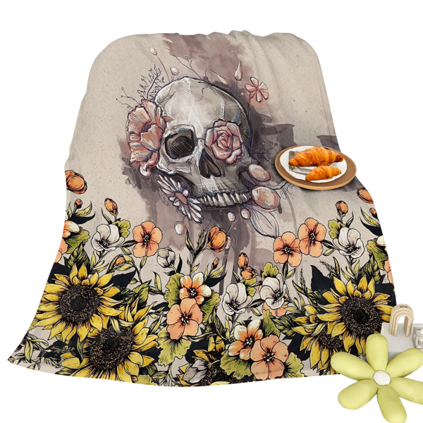 Rustic Skull Sunflower Flannel Fleece Blanket Floral Skull Flannel Soft Plush Throw Blanket Cozy Blankets for Bed Chair Car Sofa Couch Bedroom 130*150cm