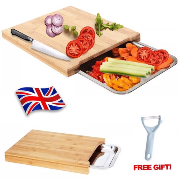 Bamboo Wooden Chopping Board Cutting Slicing + Sliding Stainless Steel Tray