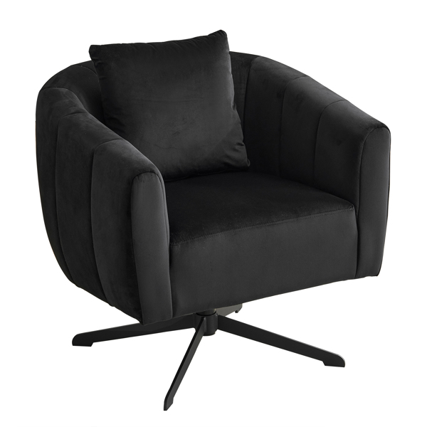 360° Swivel Accent Chair, Modern Velvet Fabric Living Room Armchair, Comfy Wide Upholstered with Fluffy Cushion and Metal Legs, Barrel Chairs for Living Room, Lounge, Office Black