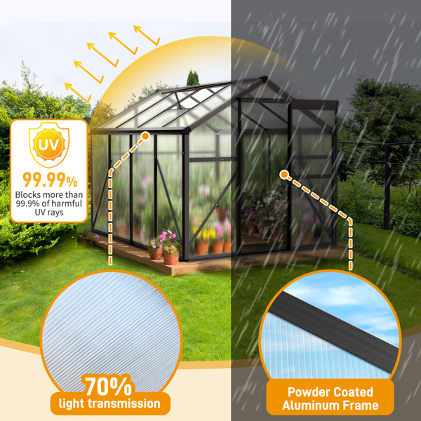 6x8ft Hybrid Polycarbonate Greenhouse Black