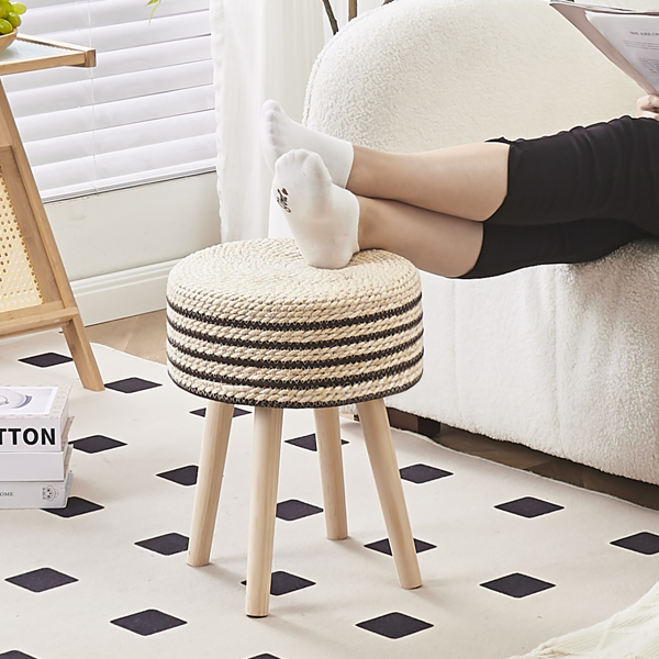 Round Ottoman Footstool Natural Seagrass Foot Stool Pouf Ottomans with Solid Wood Legs Hand Weave Hyacinth Footrest Step Stool for Living Room Balcony Garden Natural/Black