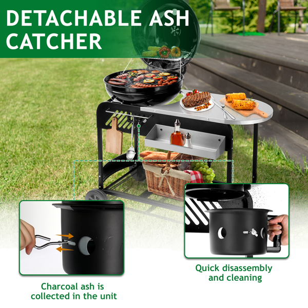 Portable Charcoal Grill with Cart, BBQ Charcoal Grill with Porcelain-Enameled Lid & Slide Out Ash Catcher Thermometer for Barbecue Camping Outdoor, Picnic, Backyard