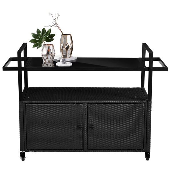 Outdoor Bar Cart Table, Large Wicker Island Rolling Cart, Wheeled Buffet Serving Cart with Glass Top & Storage Cabinet & Handles for Porch Backyard Garden Poolside, Black