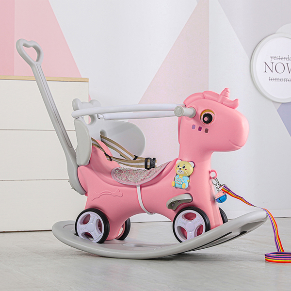 Rocking Horse for Toddlers, Balance Bike Ride On Toys with Push Handle, Backrest and Balance Board for Baby Girl and Boy, Unicorn Kids Riding Birthday, PINK