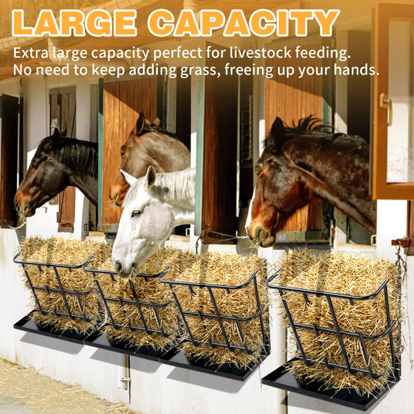 Large Capacity Hay Feeder with Detachable Grain Tray, Heavy Duty Steel 2 in 1 Hay Rack, Multiple Sided Goat Feeding Rack for Sheep Farm Livestock Indoor Outdoor, Black