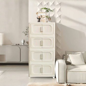 Cream White,19.69\\" Side Wide Folding Storage Cabinet ,4 Tiers,19.69\\"×11.81\\"×40.55\\",Collapsible Storage Bins with Magnetic Door, Plastic Storage Cabinet with Wheels