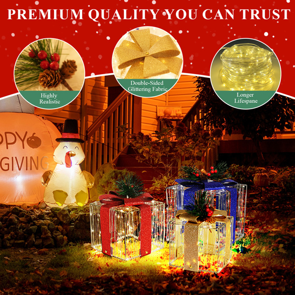  LED Christmas Decoration Present Boxes, Set of 3 Christmas Lighted Gift Boxes Include 33 Feet Fairy Lights, Holiday Decor for Xmas Tree Indoor Outdoor (Blue Red Gold, M)