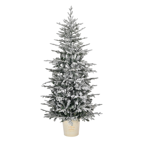 6 FT Snow Flocked Pre-lit Artificial Christmas Tree with Metal Pot Stand, Hinged Xmas Fir Tree with 250 Lights, 709 Branch Tips and Remote Control for Holiday Party Office Home, Snowy Green