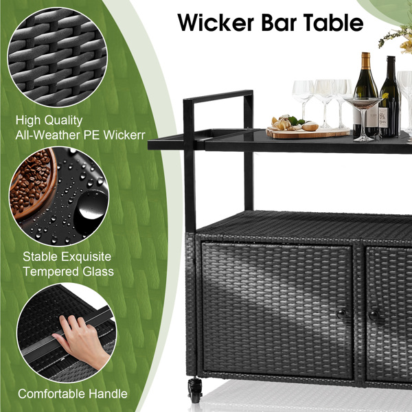 Outdoor Bar Cart Table, Large Wicker Island Rolling Cart, Wheeled Buffet Serving Cart with Glass Top & Storage Cabinet & Handles for Porch Backyard Garden Poolside, Black