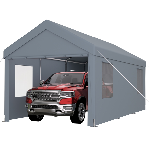 Carport 12' x 20' Portable Garage, Heavy Duty Car Port Canopy with 2 Roll-up Doors & 4 Ventilated Windows for Car, Truck, Boat, Garden Tools,grey