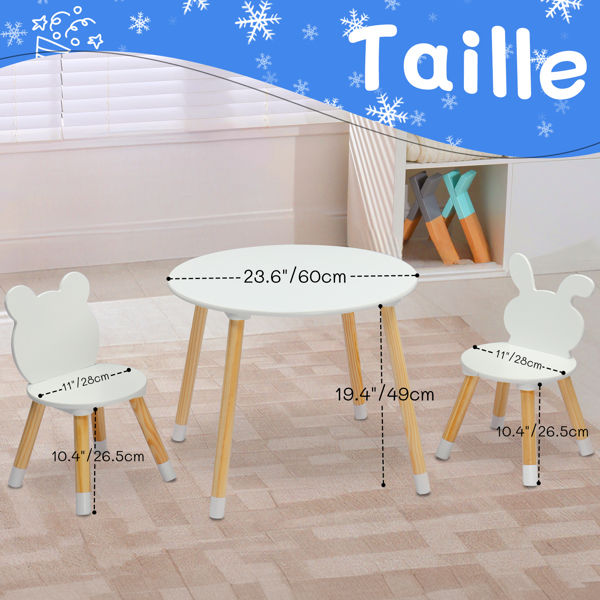 Kids Wood Table and Chairs Set, Toddler Play Table with 2 Chairs, 3 Pieces Children Multi-Activity Round Table for Play Art Craft Reading Learing Eating, White