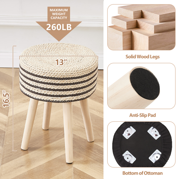 Round Ottoman Footstool Natural Seagrass Foot Stool Pouf Ottomans with Solid Wood Legs Hand Weave Hyacinth Footrest Step Stool for Living Room Balcony Garden Natural/Black