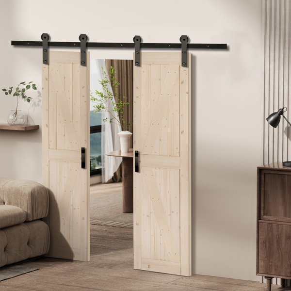 48 in. x 84 in. Unfinished Sliding Double Barn Door with 8FT Barn Door Hardware Kit & Handle ，K Frame，Solid Spruce Wood，Requires Simple DIY Assembly