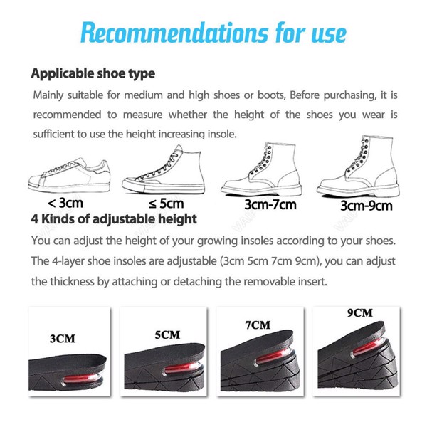 9cm Unisex Shoe Insert Taller Lift Height Up Increase Heel Height Insoles 4layer