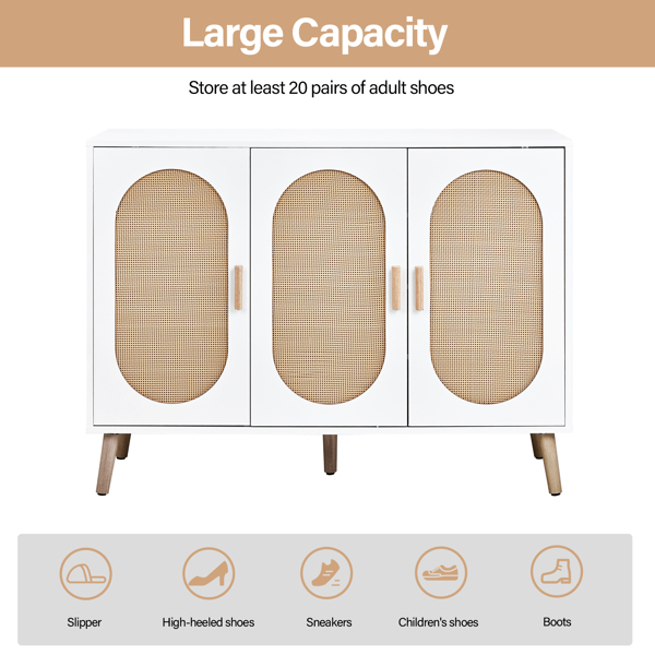 FCH 3-door vertical shoe cabinet particle board + plastic rattan white frame + original wood rattan surface + gold high feet