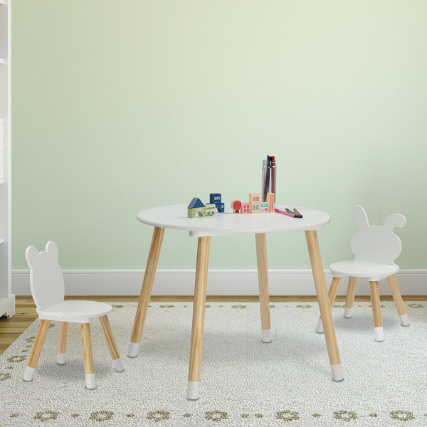 Kids Wood Table and Chairs Set, Toddler Play Table with 2 Chairs, 3 Pieces Children Multi-Activity Round Table for Play Art Craft Reading Learing Eating, White