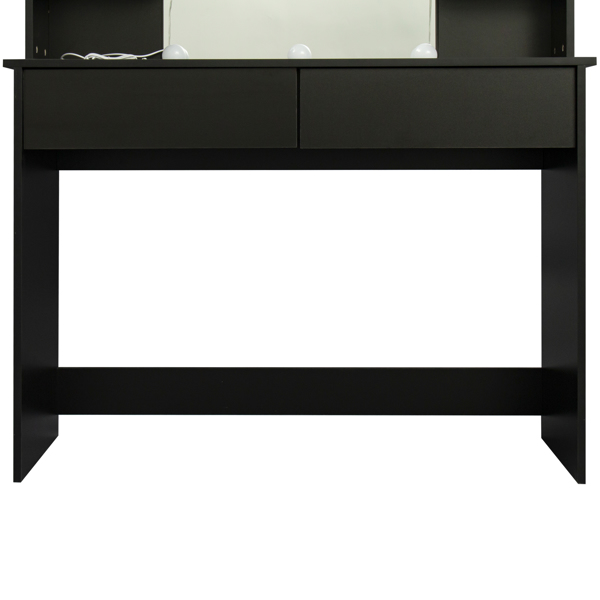 Modern Dressing table with 2 Drawers, 4 open shelves Rectangular Makeup Table with Mirror, 10-lamp bulb,,42.52*15.75* 52.76inch,for Bedroom, Black