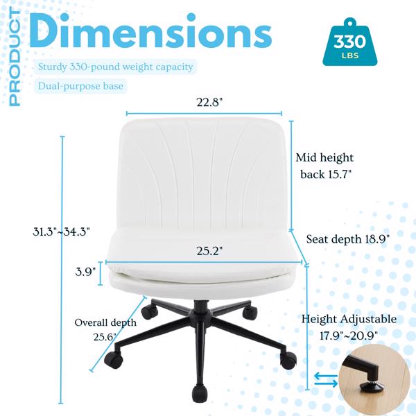 Criss Cross Chair with Wheels & pegs,Dual-Base Wide Armless Comfy Desk Chair Cross Legged,Adjustable Swivel Modern Vanity Chair,Computer Rolling Chair for Home Office,Makeup,Waxed PU,White