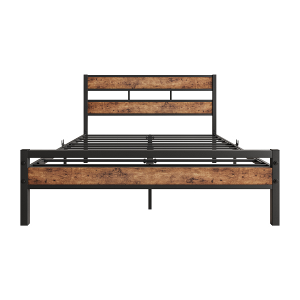 Full Size Platform Bed Frame with Rustic Vintage Wood Headboard, Strong Metal Slats Support, No Box Spring Needed