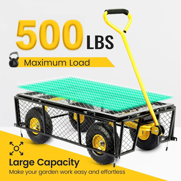 500 Lbs Sturdy Steel Structure Garden Cart, 2-in-1 Multi-functional Four-wheel Cart With Removable Side Panels, Convertible To Flatbed, 240° Rotating Handle And 10-inch Pneumatic Tires