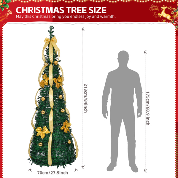 7 FT Fully Decorated Pre-lit Christmas Tree, Pop Up Artificial Xmas Tree with 100 Warm Lights Battery Operated and Golden & Silver Ornaments for Home Office Store Holiday Deco