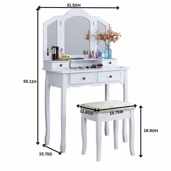 Wooden Vanity Make Up Table and Stool Set, White