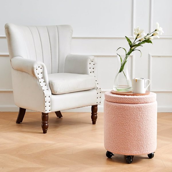 Storage Ottoman Foot Rest Round Footstool Teddy Velvet Footrest Multifunctional Rolling Stool Coffee Table Ottoman with Wheels Vanity Stool for Makeup Room Living Room Bedroom Pink