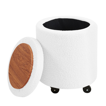 Storage Ottoman Foot Rest Round Footstool Teddy Velvet Footrest Multifunctional Rolling Stool Coffee Table Ottoman with Wheels Vanity Stool for Makeup Room Living Room Bedroom White