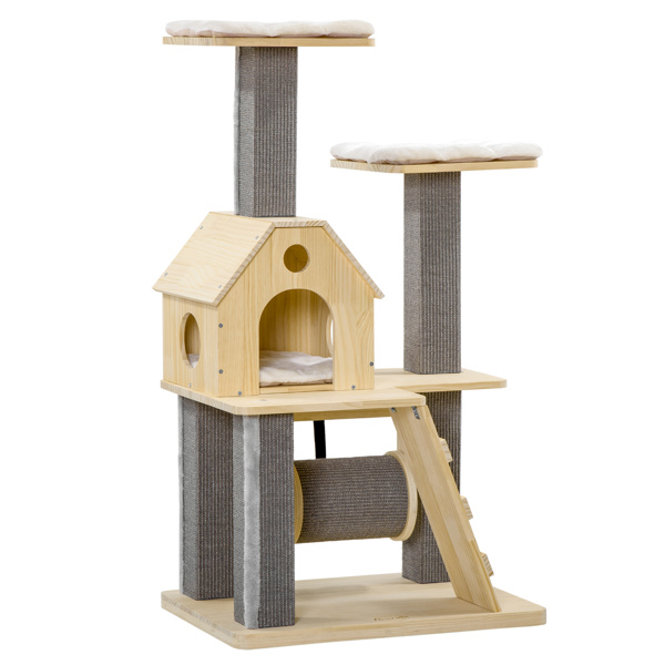 Cat Tree for Indoor Cats with Pillow-Covered Perches, Spinning Toy, Modern Climbing Activity Cat Tower with Scratching Posts, Cat Condo, Ladder, Natural