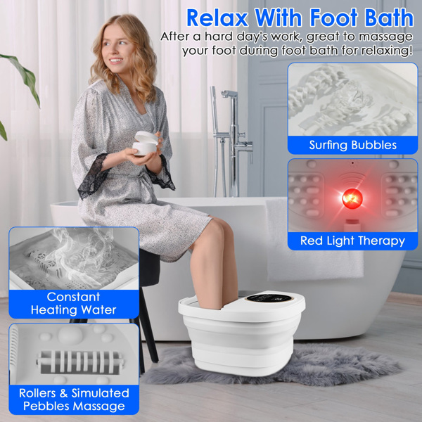 Collapsible Foot Spa Massager Electric Foldable Foot Soaker Tub with Remote Control Handle Surfing Bubbles 24 Heating Levels 6 Timer 6 Massage Rollers 48 Simulated Pebbles Pill Box