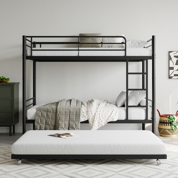 Twin Bunk Bed with Trundle Metal Bunkbeds with Ladder and Full-Length Guardrail, Noise Free, No Box Spring Needed, Black