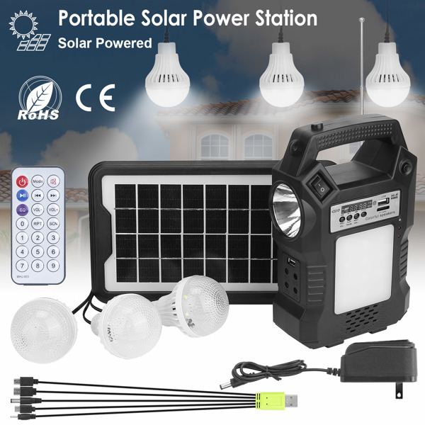 Portable Solar Power Station Rechargeable Backup Power Bank w/Flashlight 3 Lighting Bulbs For Camping Outage Garden Lamp