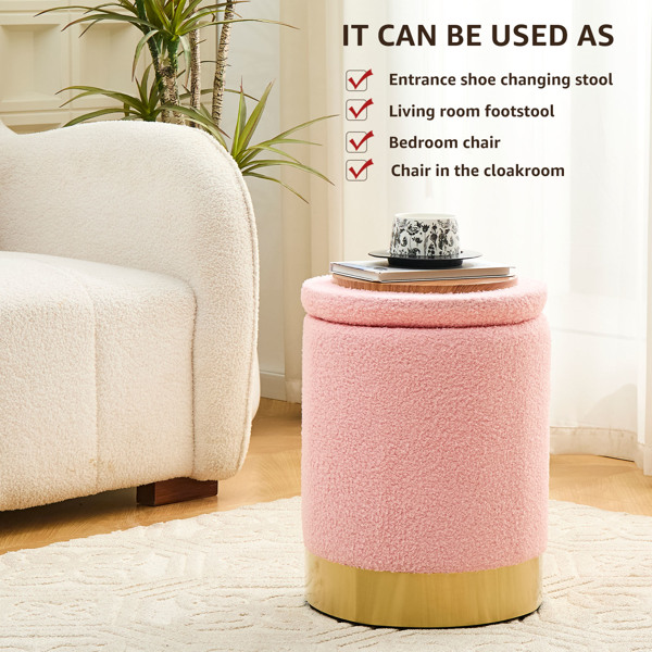 Teddy Velvet Storage Ottoman Multipurpose Footrest Stool with Metal Base Modern Round Vanity Stool Chair Ottoman Foot Stools Support 300lbs Padded Seat for Living Room & Bedroom Pink