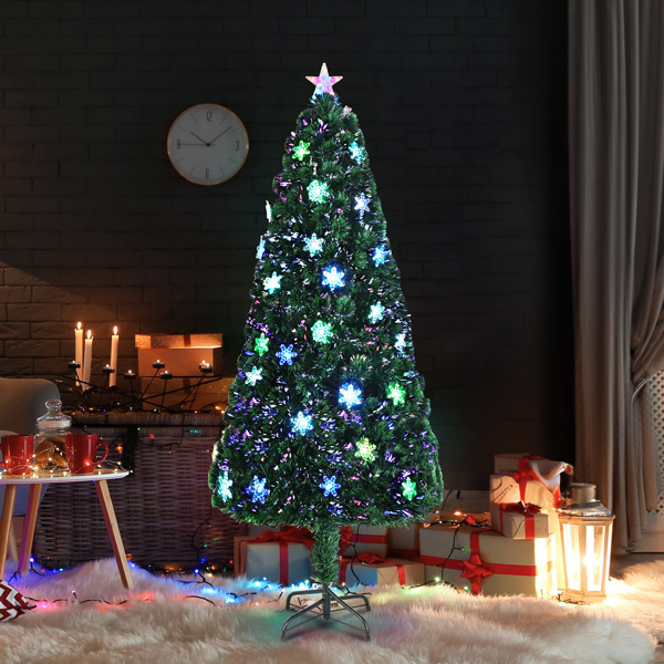 6ft Top With Star PVC Material Fiber Optic 36 Lights With Snow Flakes Colorful Discoloration 230 Branches Christmas Tree Green