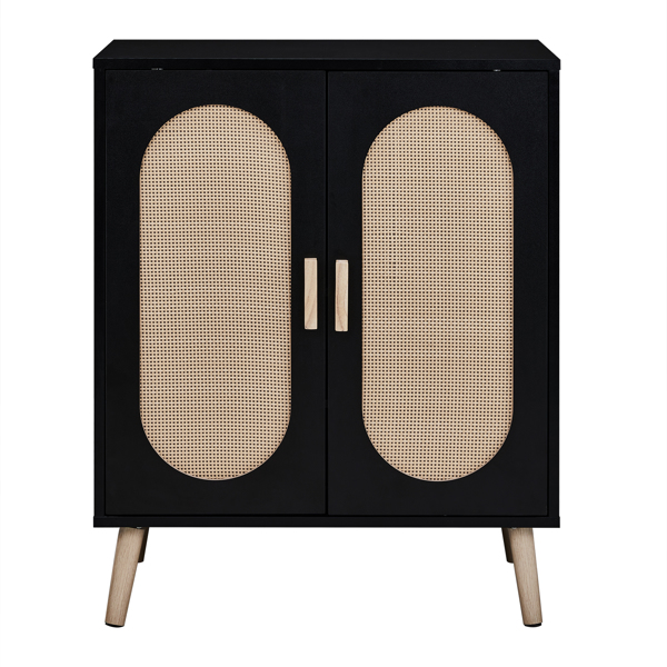 FCH 2-door vertical shoe cabinet particle board + plastic rattan black frame + original wood rattan surface + gold high feet