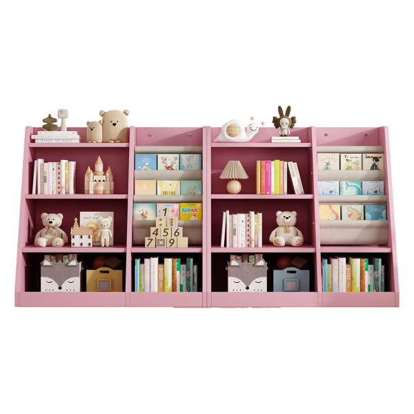 Pink Wooden Toy Storage Organizer Cabinet Kids Bookshelf  Children Bookcase Toddler Baby Sling Book Rack Adjustable Shelf for Playroom Bedroom Nursery Hallway School Kindergarten Living Room