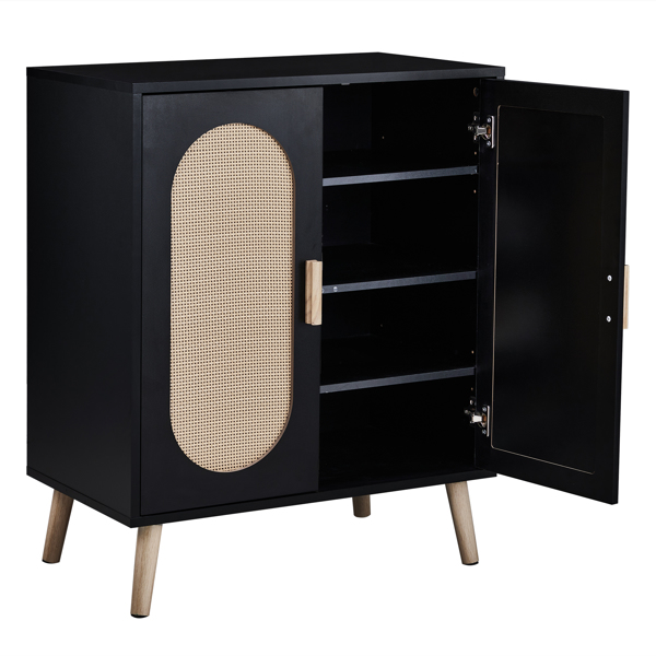 FCH 2-door vertical shoe cabinet particle board + plastic rattan black frame + original wood rattan surface + gold high feet