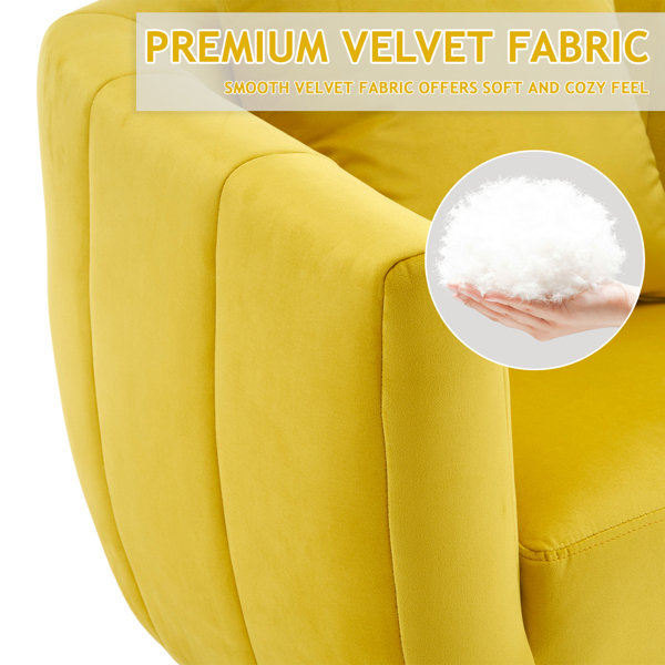 360° Swivel Accent Chair, Modern Velvet Fabric Living Room Armchair, Comfy Wide Upholstered with Fluffy Cushion and Metal Legs, Barrel Chairs for Living Room, Lounge, Office Yellow