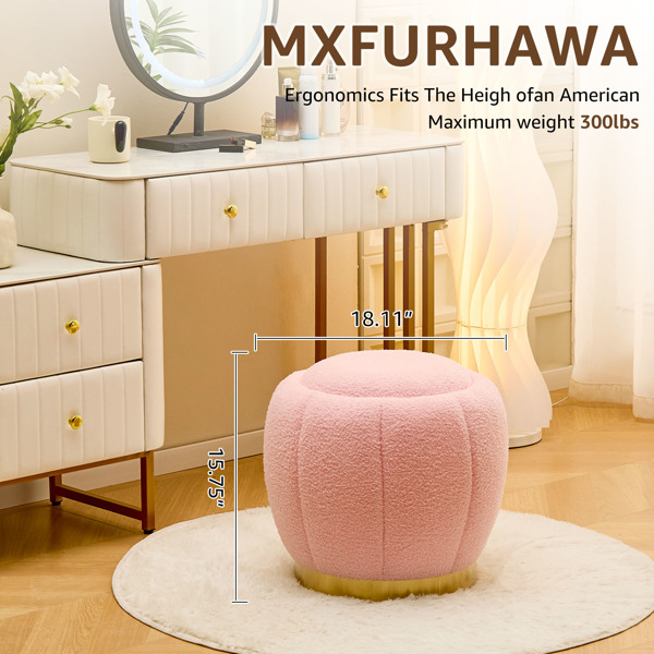 Storage Ottoman, Modern Round Floral Footrest with Soft Padded Seat, Teddy Velvet Footstool, Accent Small Table or Plant Stand for Hallway, Living Room (Pink)