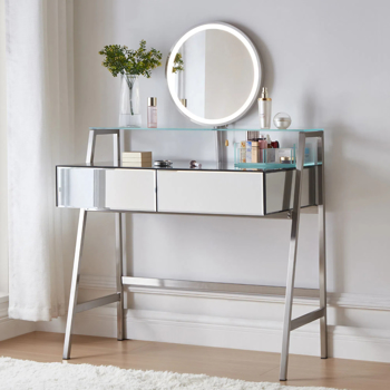 33.9\\" Mirrored Makeup Vanity Desk with Mirror and Lights, Mirrored Console Vanity Table with 2 Big Drawers & Open Shelf, Dressing Table with Charging Station for Bedroom, Silver