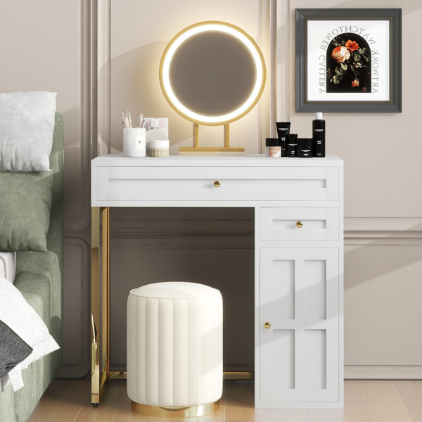 31.5'' Makeup Vanity Desk with Lighted Mirror, Luxury Dressing Table with 2 Drawers and 1 Cabinet, 3 Lighting Modes Available for Bedroom, White-ld（stool not included）