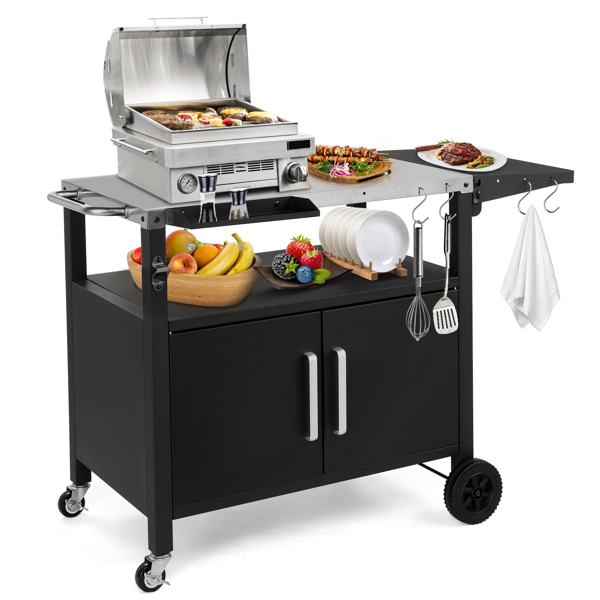 Outdoor Grill Cart with Storage, Rolling Bar Cart Movable Kitchen Island for BBQ, Patio Dining Cart Table for Food Prep with Wheels Hooks Foldable Top