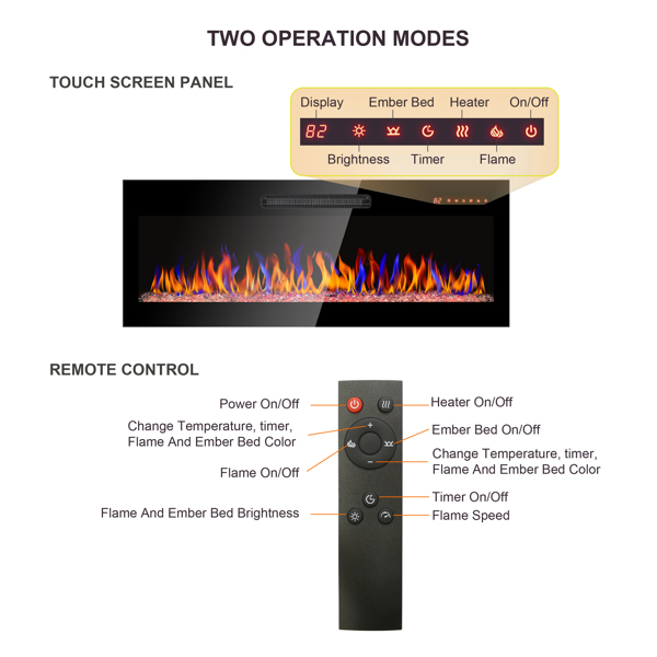 60 inch recessed ultra thin tempered glass front wall mounted electric fireplace with remote and multi color flame & emberbed, LED light heater