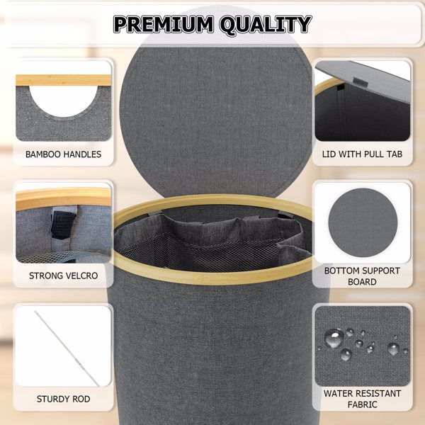 Round Laundry Basket with lid, Collapsible Laundry Hamper with Bamboo Handle, Dirty Clothes Hampers with Removable Laundry Bag Black (FBA)