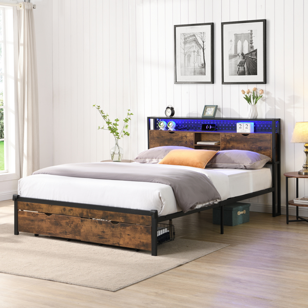 King Size Metal Platform Bed Frame with Wooden Headboard and with Footboard USB,Charging Station,2 Drawers,storage, LED Lights, No Box Spring Needed, Easy Assemble