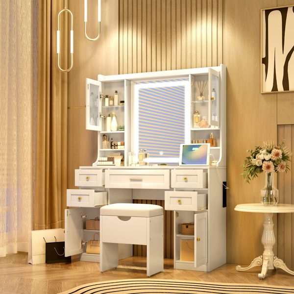 41.4" Makeup Vanity Desk with Mirror and Lights, Makeup Table with 5 Drawers and 4 Cabinets, Dressing Table with Charging Station and Cushioned Storage Stool for Bedroom, White