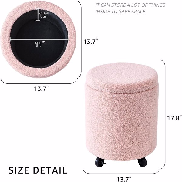 Storage Ottoman Foot Rest Round Footstool Teddy Velvet Footrest Multifunctional Rolling Stool Coffee Table Ottoman with Wheels Vanity Stool for Makeup Room Living Room Bedroom Pink