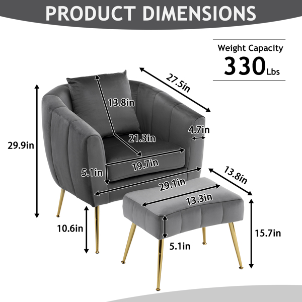 Velvet Accent Chair Set Barrel Chair with Ottoman Modern Club Chair Reading Armchair with Lumbar Pillow for Living Room, Bedroom, Study Room, Home Office Gray